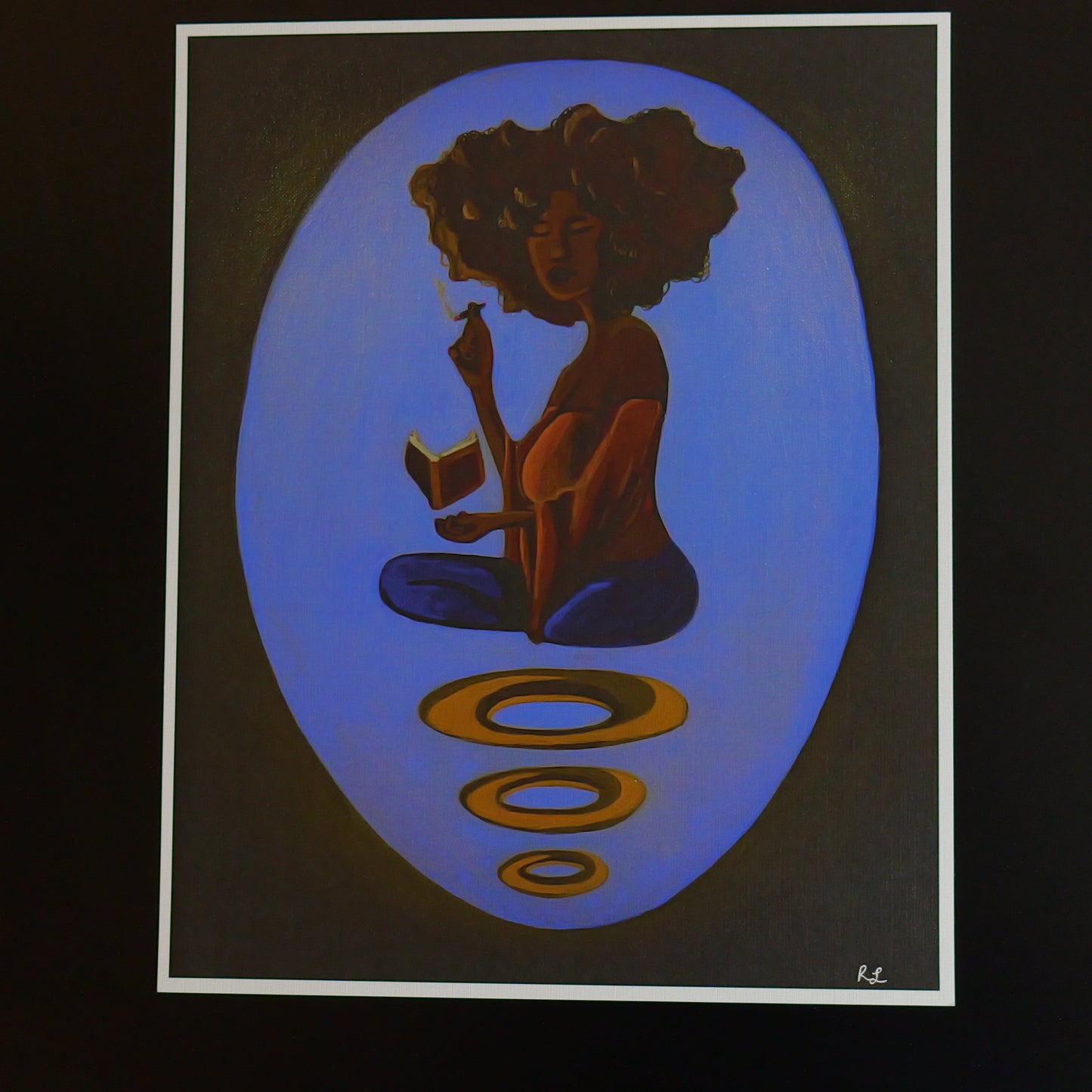 Artwork of a person with an afro sitting cross-legged on a blue oval background.